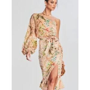 NEW Hemant And Nandita Veena Nude Floral Ruffle Velvet Tie Belt Dress Size XS